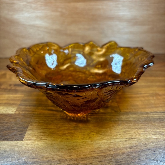 Amber Candy Trinket Dish Logan Berry Pattern Tidbit Bowl Glass Vintage 7” x 2” - Picture 5 of 7